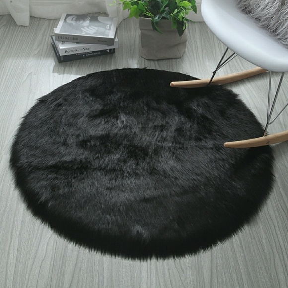 Black Shaggy Round Faux Fur Rug - Picture 1 of 3
